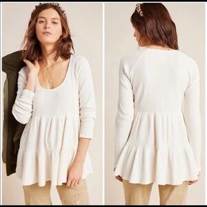 NWT Maeve by Anthropologie Samina Waffle Knit Thermal Babydoll Top Cream Boho
